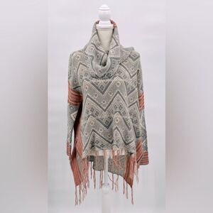 Umgee Sweater Poncho Boho Gray Cream Coral  Size 
S/M